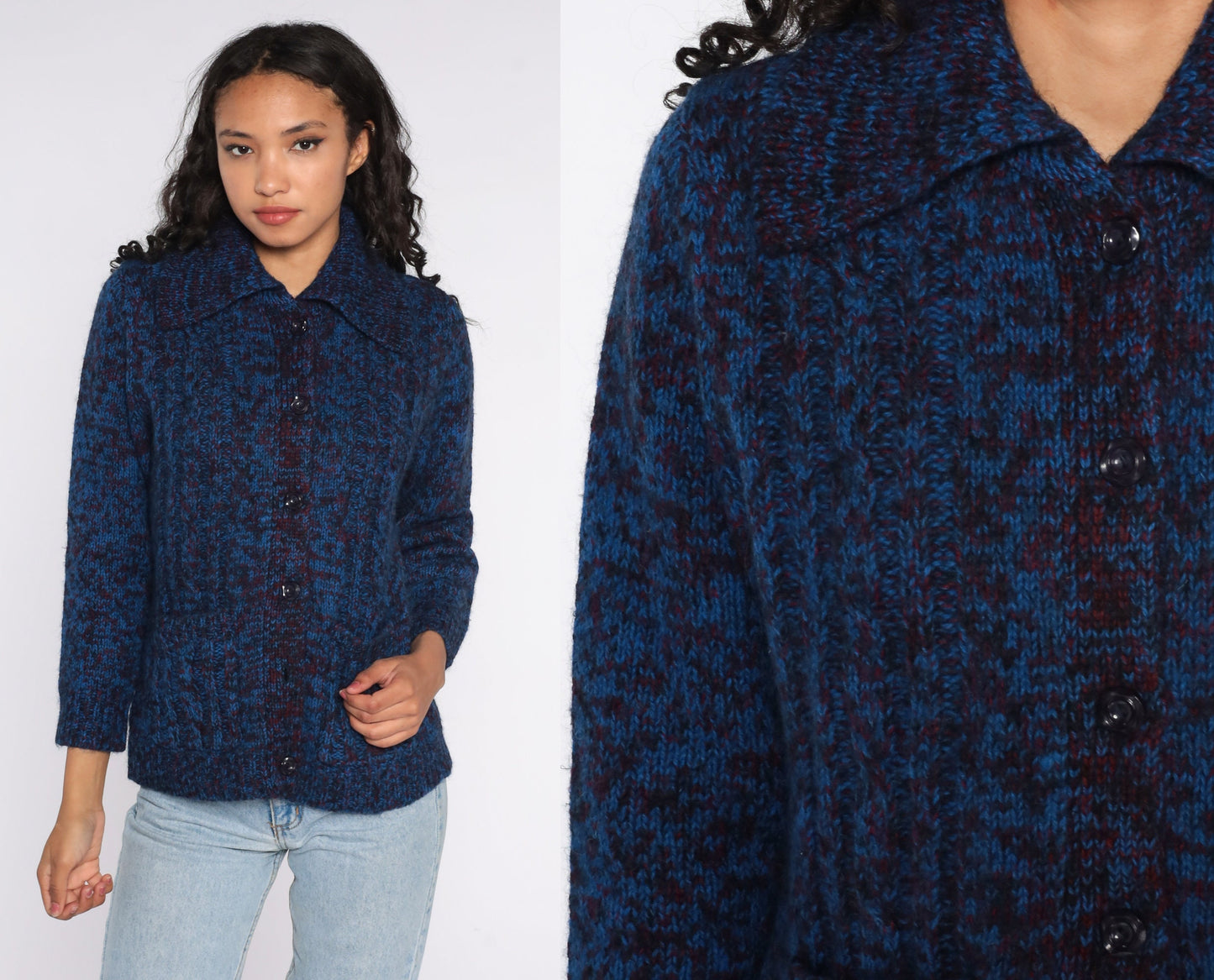 70s Dark Blue Space Dye Cardigan Sweater Button Front Medium