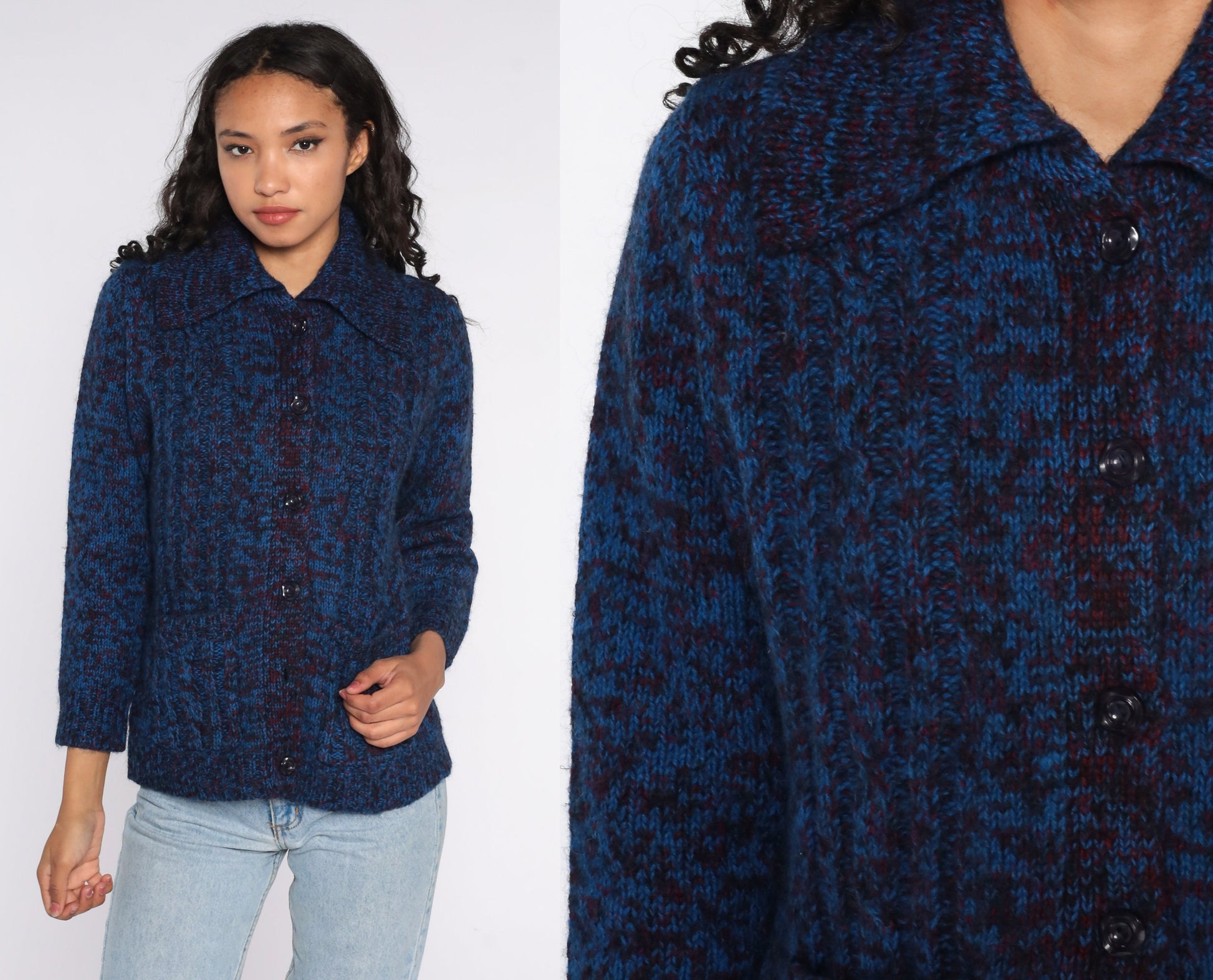 70s Dark Blue Space Dye Cardigan Sweater Button Front Medium