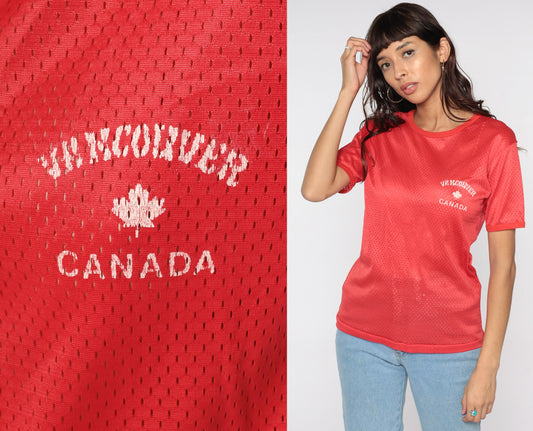 80s Vancouver Canada Mesh Jersey Shirt Red Maple Leaf Athletic Tee Small