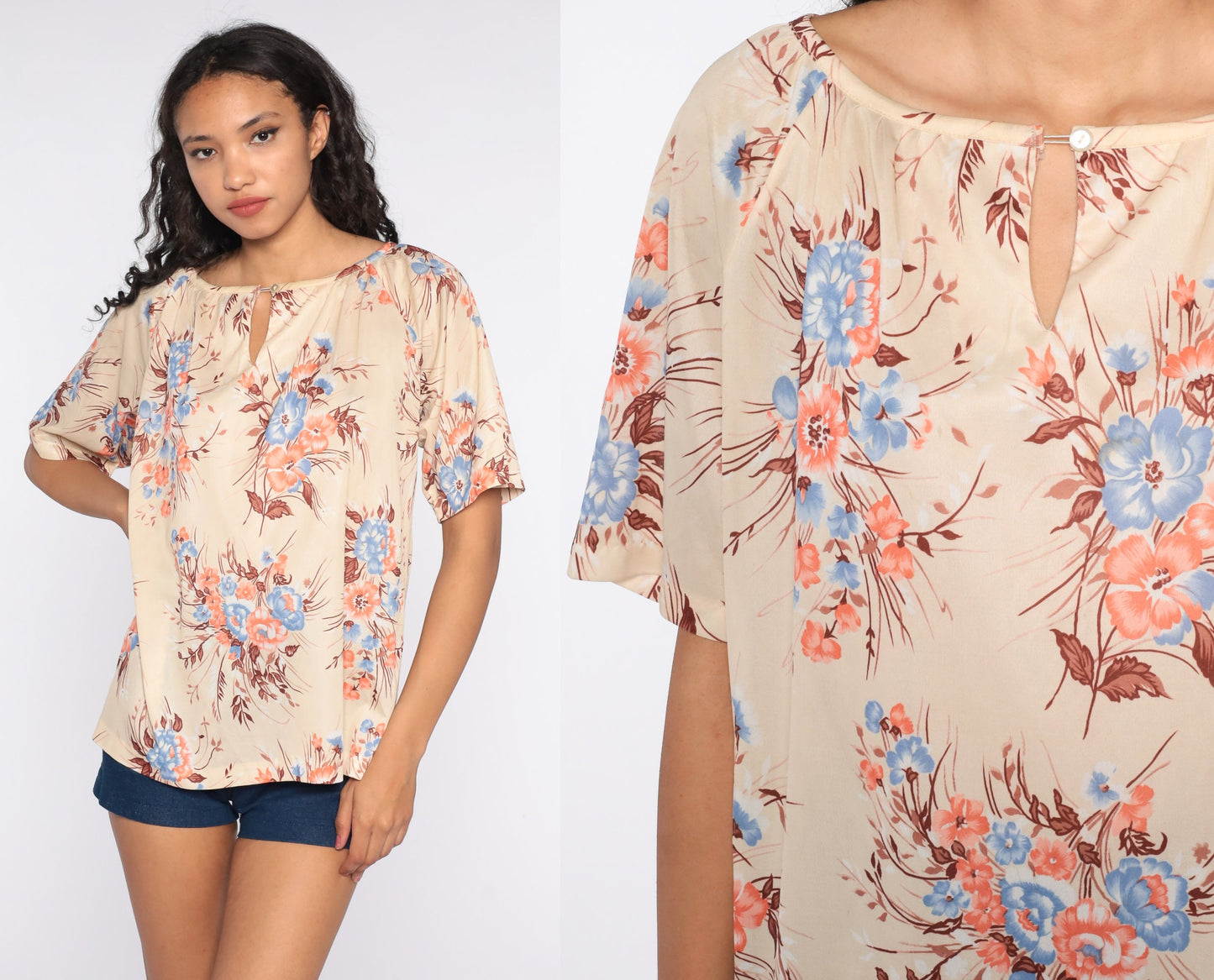70s Floral Keyhole Blouse Cream Short Sleeve Vintage Shirt Large