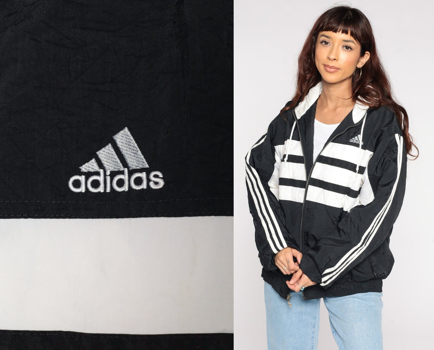 90s Adidas Black Nylon Hooded Jacket Striped Medium