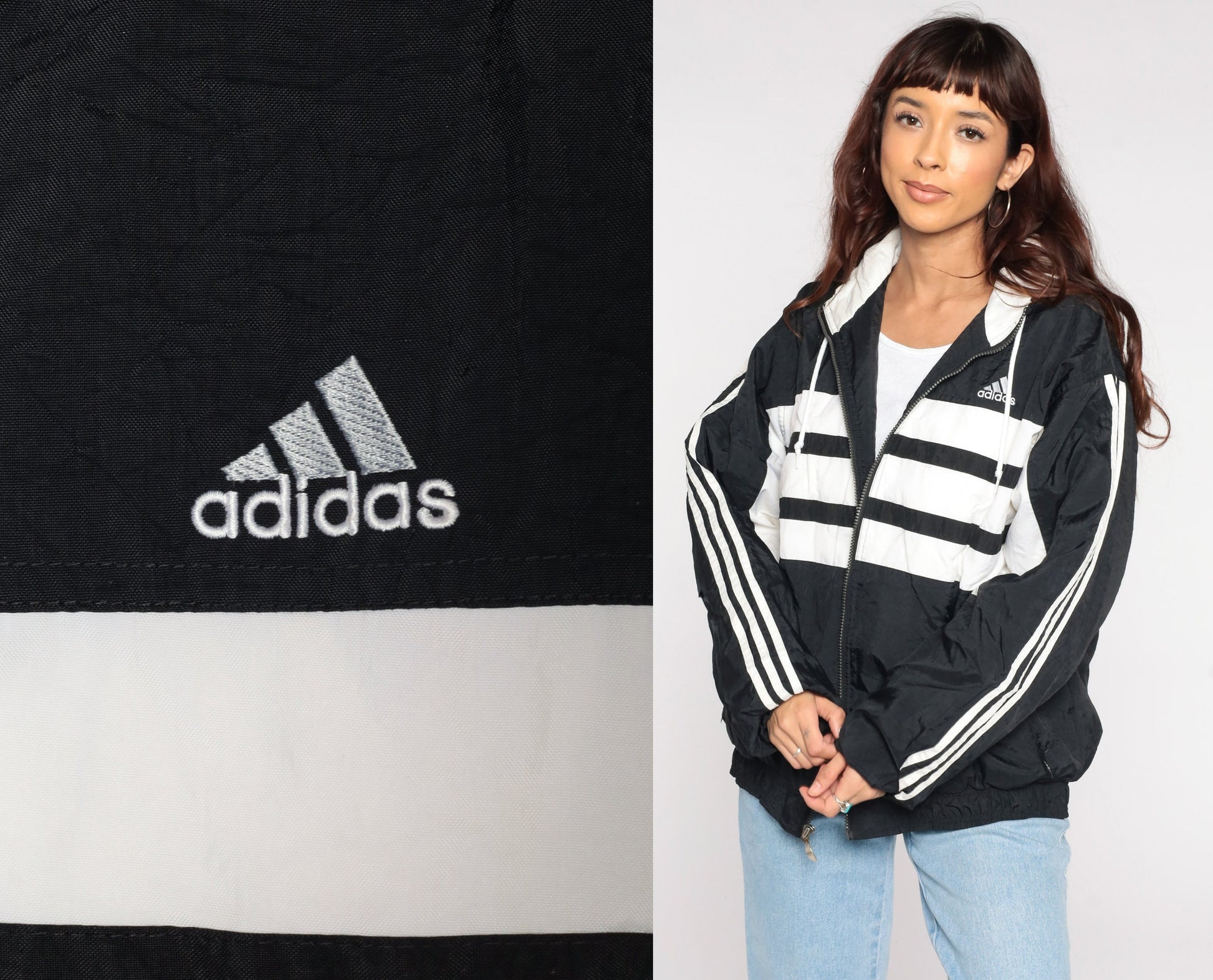 90s Adidas Black Nylon Hooded Jacket Striped Medium