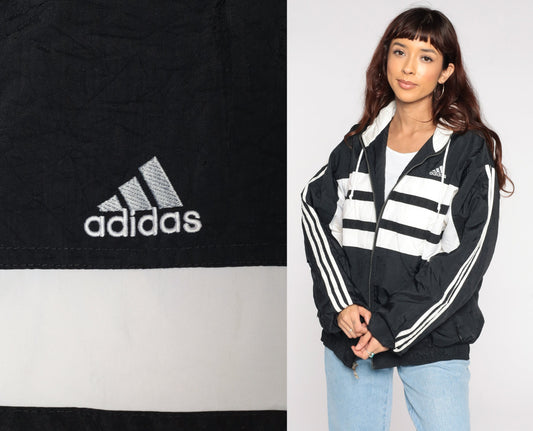 90s Adidas Black Nylon Hooded Jacket Striped Medium