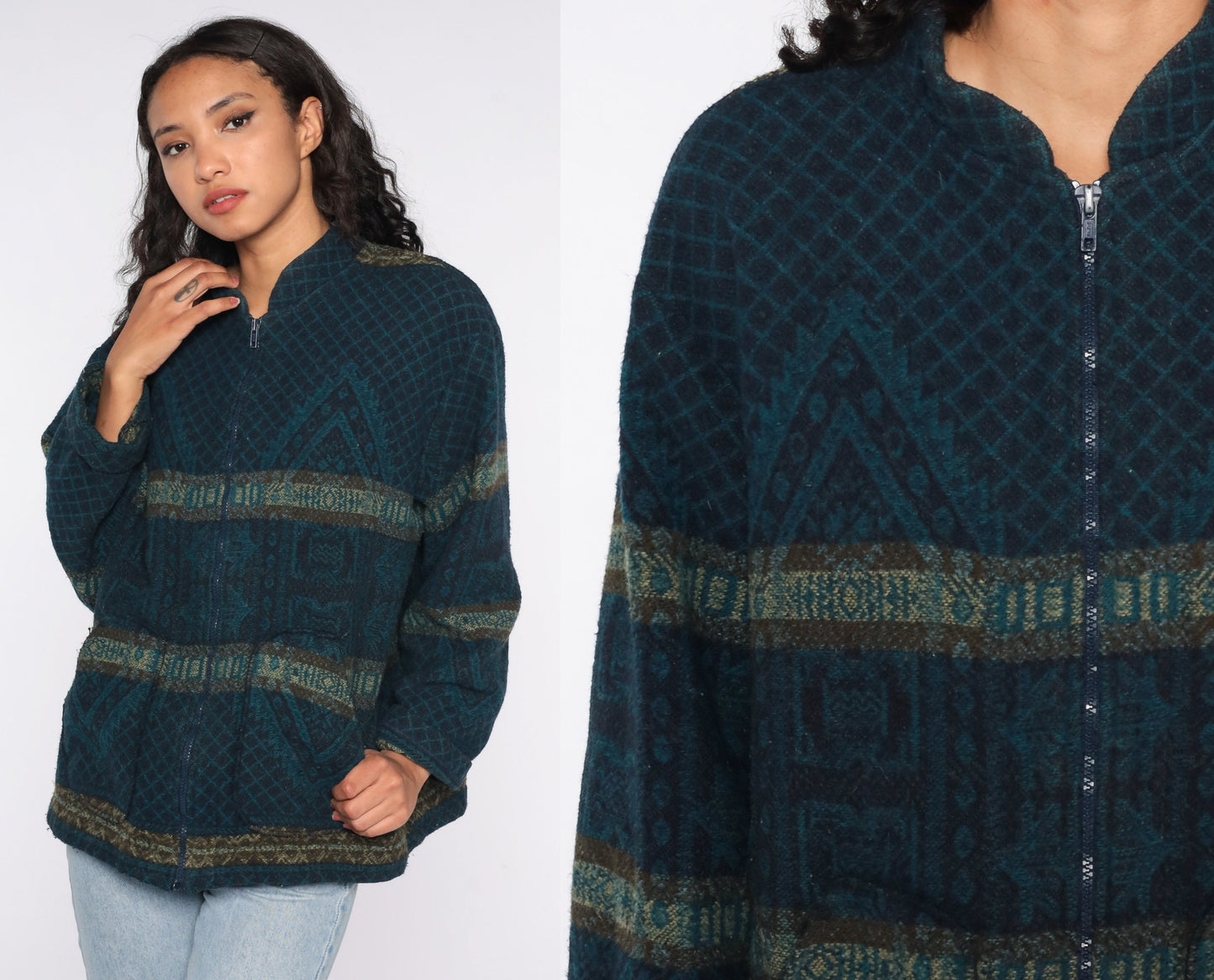 90s Geometric Zip Jacket Navy Blue Extra Large XXL