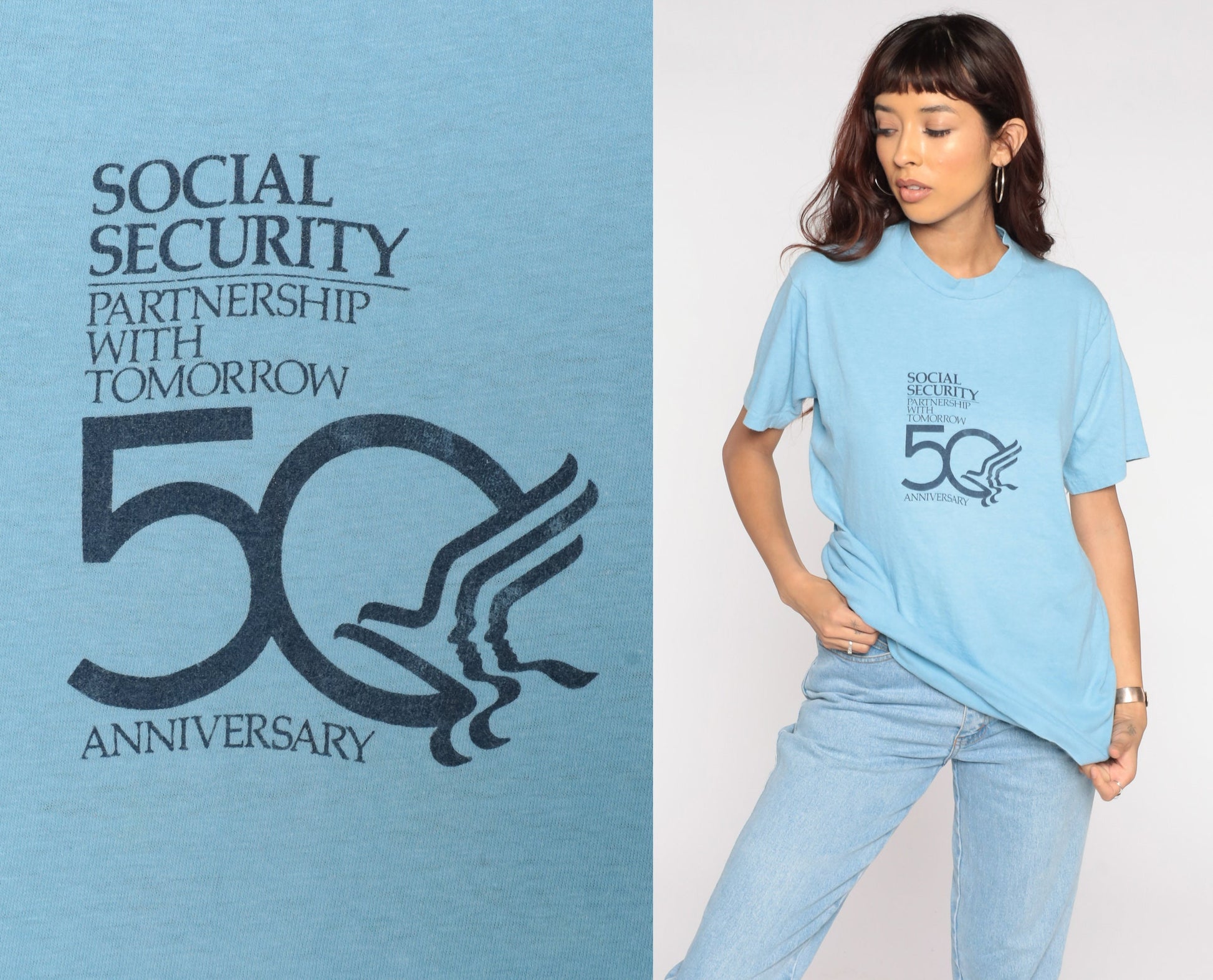 1985 Social Security Graphic T-Shirt 80s Slogan Tee Baby Blue Medium