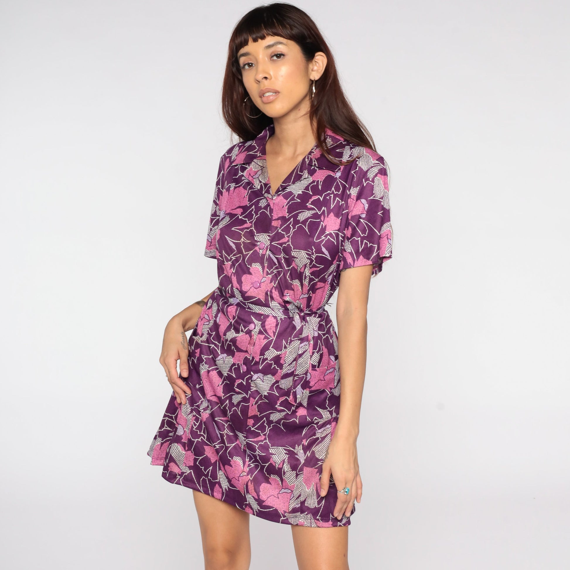 60s Purple Floral Shift Dress Button Front Mini Short Sleeve Extra Small