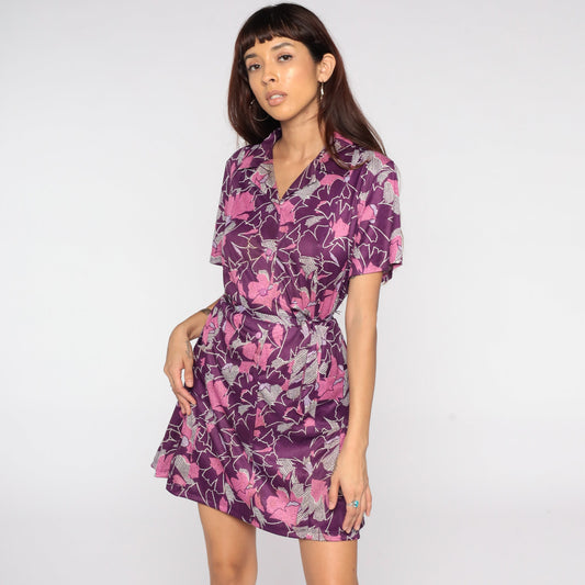 60s Purple Floral Shift Dress Button Front Mini Short Sleeve Extra Small