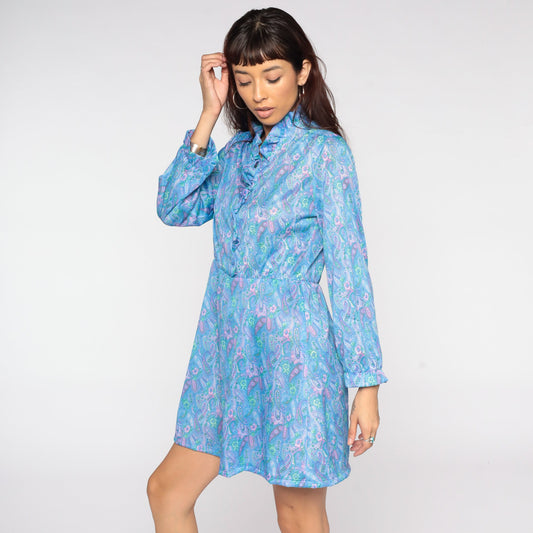 80s Blue Paisley Print Mini Dress Long Sleeve High Waist Ruffle V Neck Medium