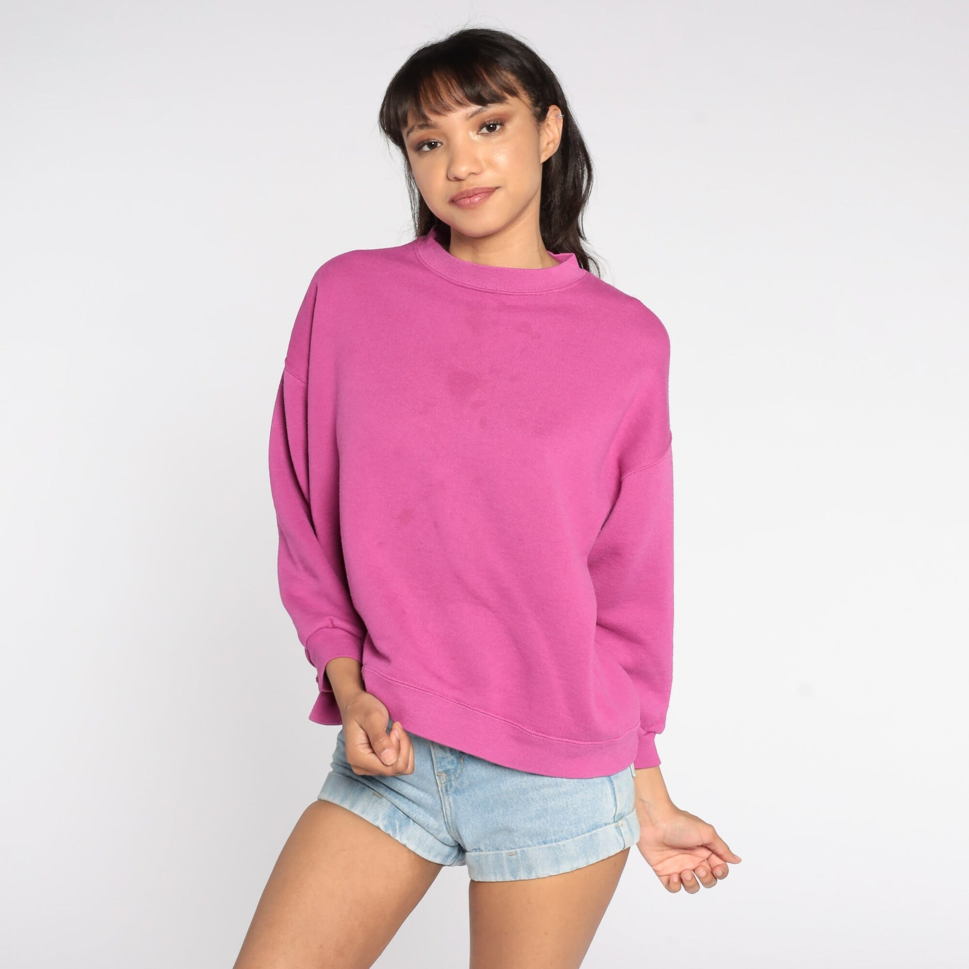 80s Fuchsia Sweatshirt Plain Crewneck Pullover Cotton Blend Large L
