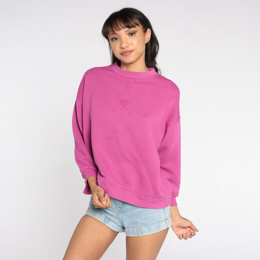 80s Fuchsia Sweatshirt Plain Crewneck Pullover Cotton Blend Large L