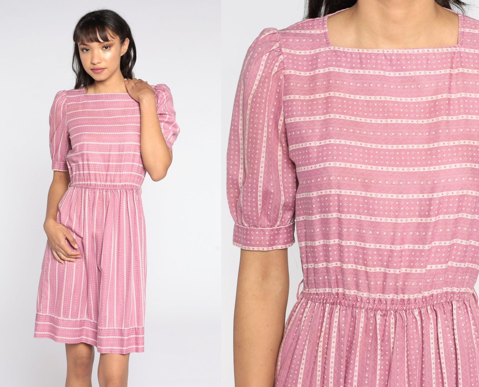 80s Pink Striped Puff Sleeve Dress High Waist Knee Length Extra Small