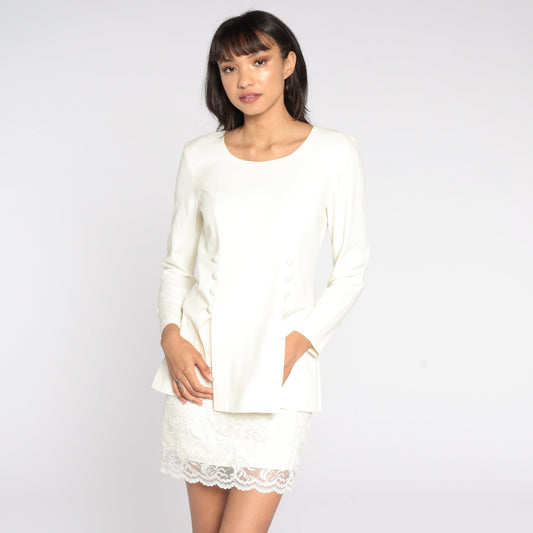 80s Cream Double Breasted Mini Dress Lace Trim Button Up Small