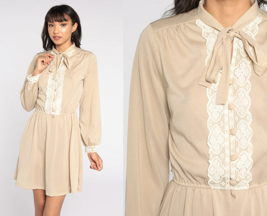 70s Toni Todd Secretary Dress Beige Lace Bow Button-Up Mini Medium