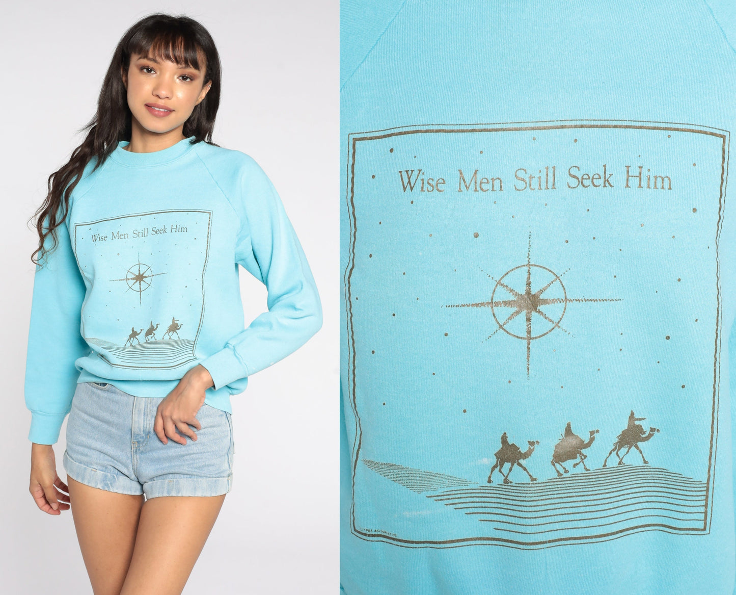80s Three Wise Men Christian Sweatshirt Baby Blue Raglan Graphic Small