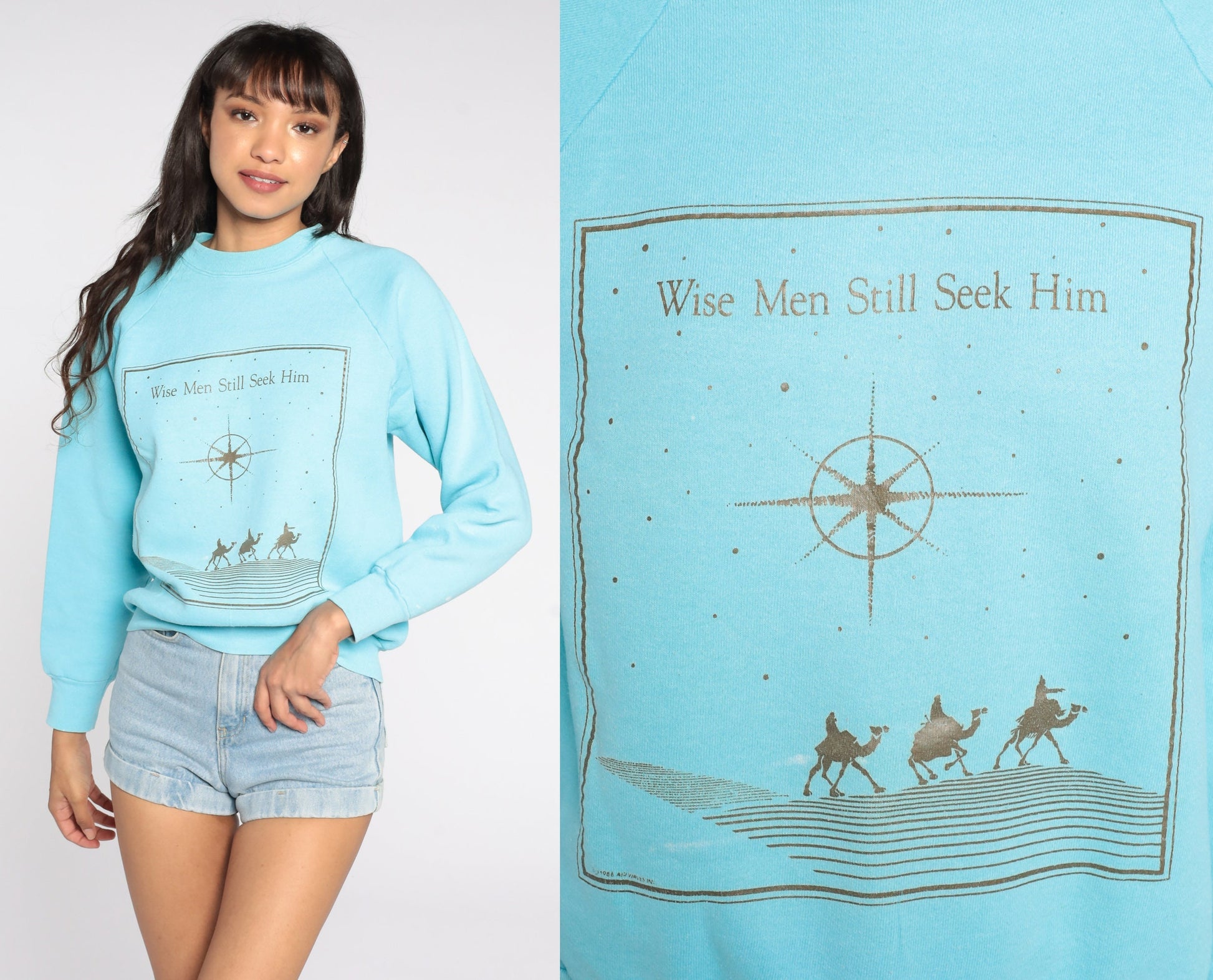 80s Three Wise Men Christian Sweatshirt Baby Blue Raglan Graphic Small