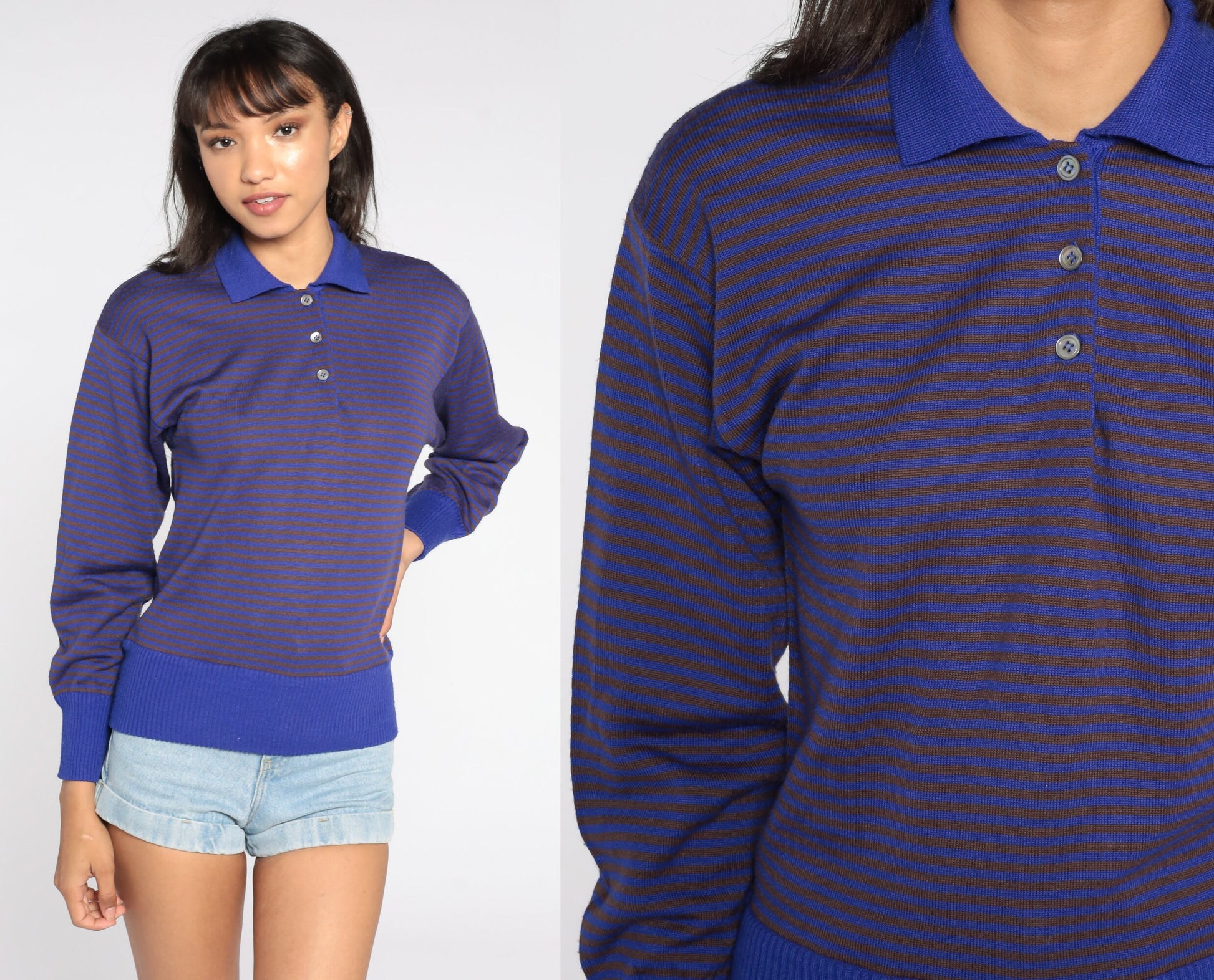 80s Purple Striped Knit Pullover Sweater Collar Buttons Small