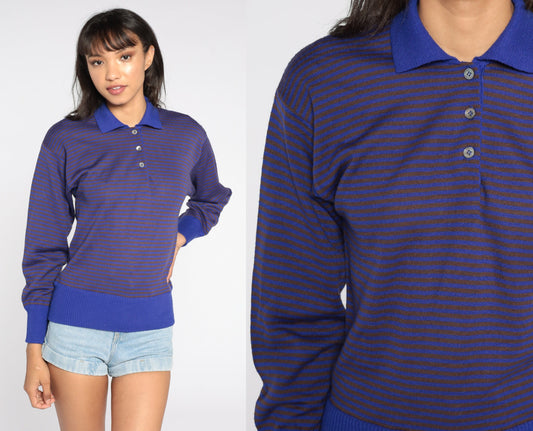 80s Purple Striped Knit Pullover Sweater Collar Buttons Small