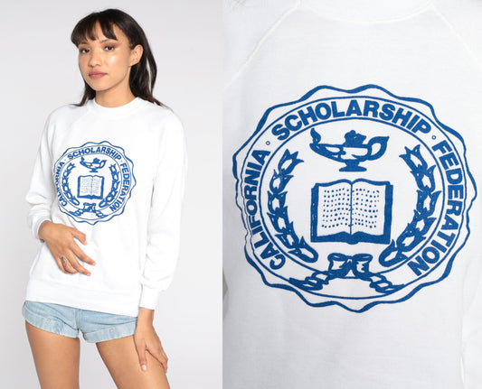80s California Scholarship Federation Raglan Sweatshirt White Graphic Pullover Small