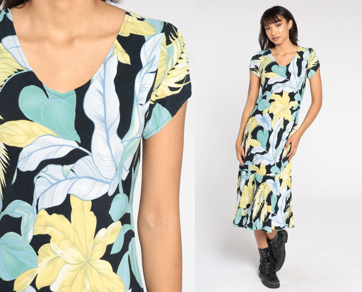 90s Tropical Leaf Print Shift Dress Black Blue Green Midi Small S