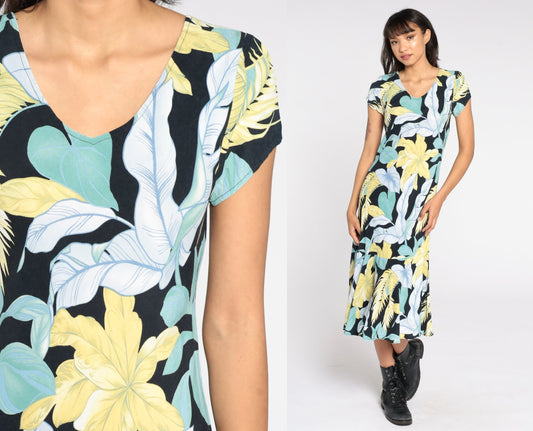 90s Tropical Leaf Print Shift Dress Black Blue Green Midi Small S