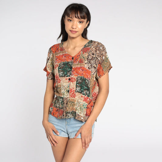 90s Patchwork Orange Floral Button-Up Shirt Rayon Blouse Medium