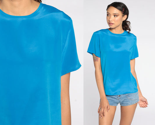 80s Blue Short Sleeve Blouse Plain Polyester Shirt Extra Small