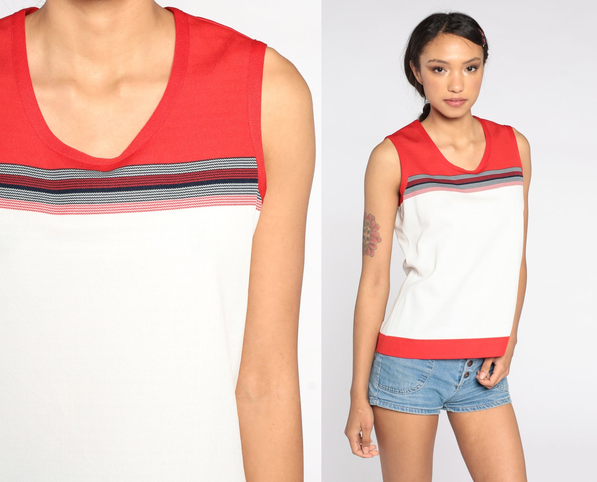 70s Striped Sleeveless Blouse Red White Polyester Knit Tank Small