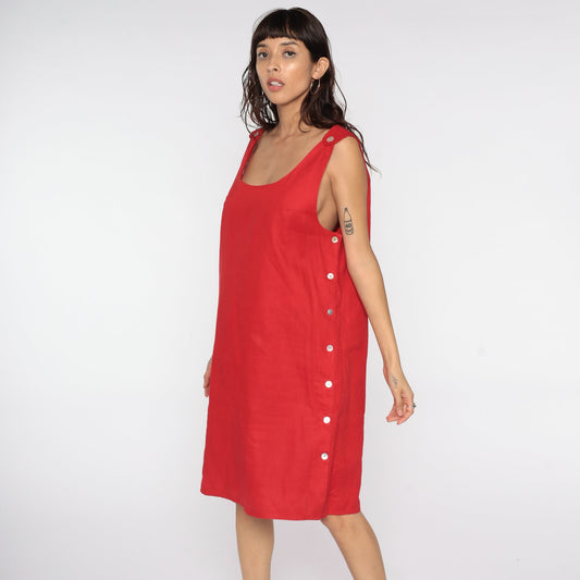 90s Rafaella Linen Jumper Dress Red Midi Sleeveless Button Side Medium
