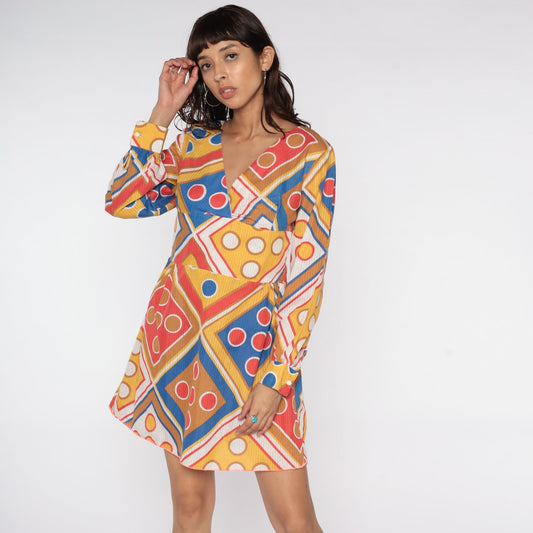 70s Geometric Print Babydoll Dress Empire Waist Mini Long Sleeve Yellow Blue Medium