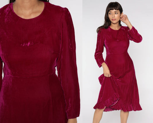 80s Raspberry Red Velvet Midi Dress High Waist Long Sleeve Small