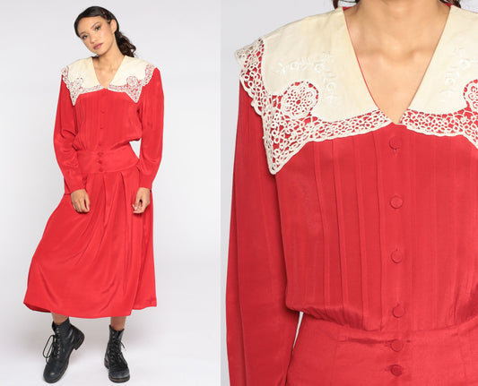 80s Red Midi Dress Lace Collar Button-Up Long Sleeve Small