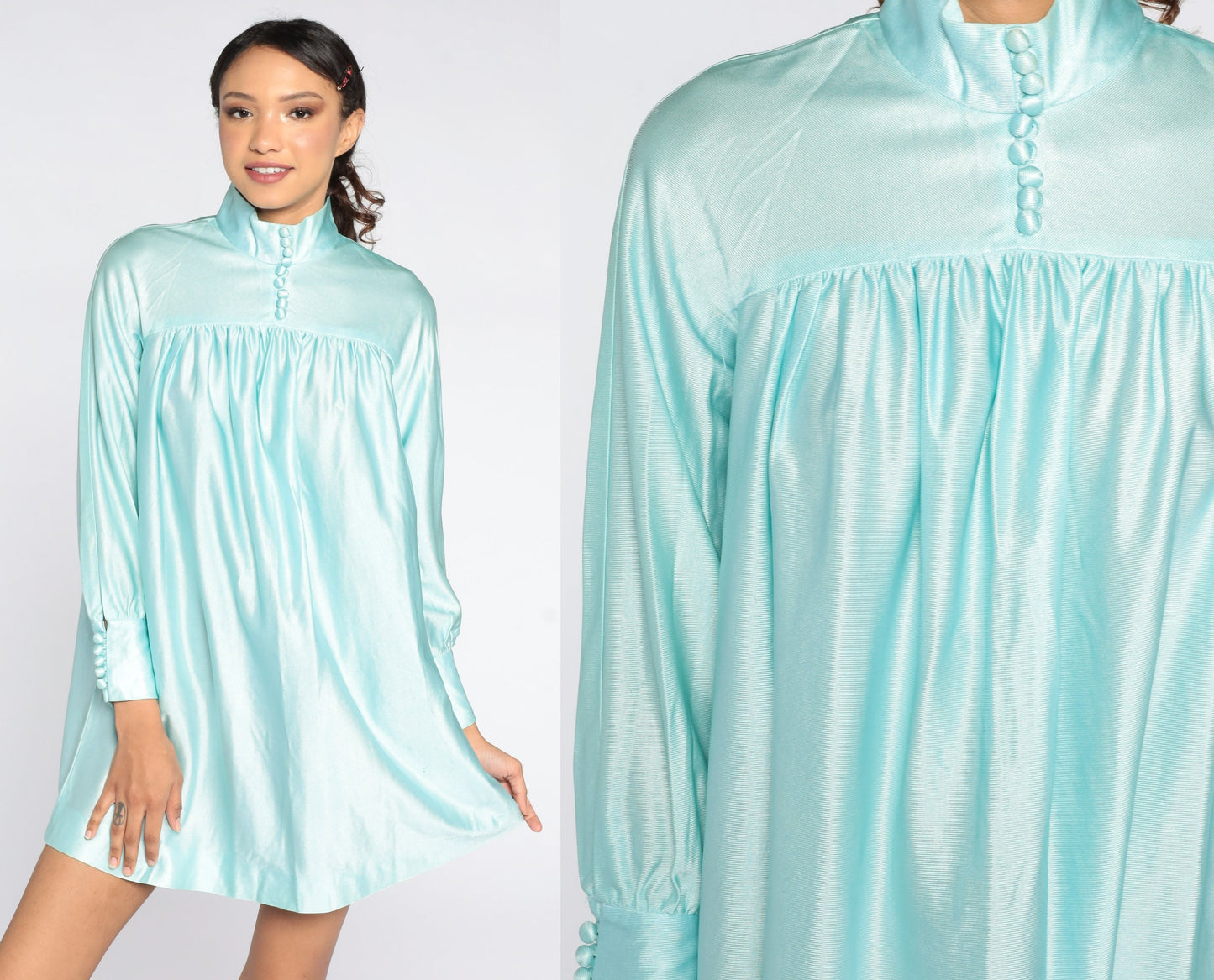 70s Blue Mock Neck Mini Dress Button-Up Tent Trapeze Cut Medium
