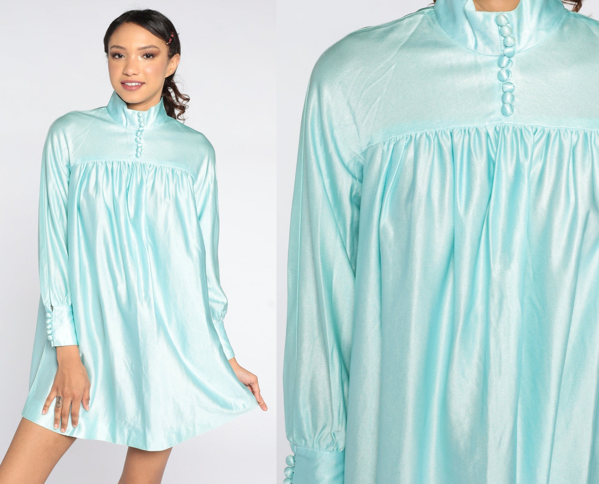 70s Blue Mock Neck Mini Dress Button-Up Tent Trapeze Cut Medium