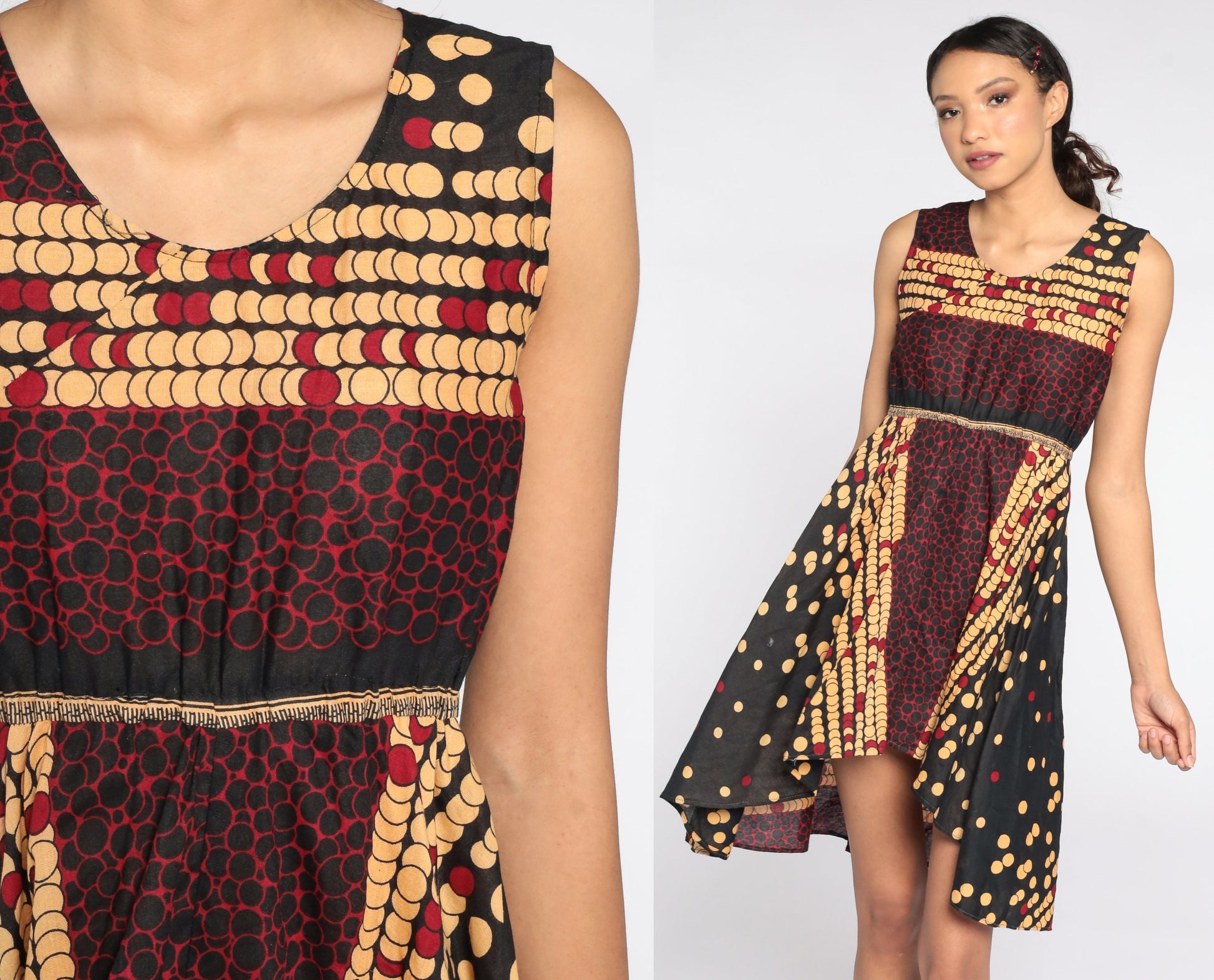 00s Geometric Print Mini Dress Empire Waist Sleeveless Black Tan Red Extra Small