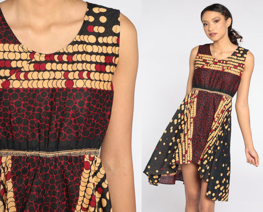 00s Geometric Print Mini Dress Empire Waist Sleeveless Black Tan Red Extra Small