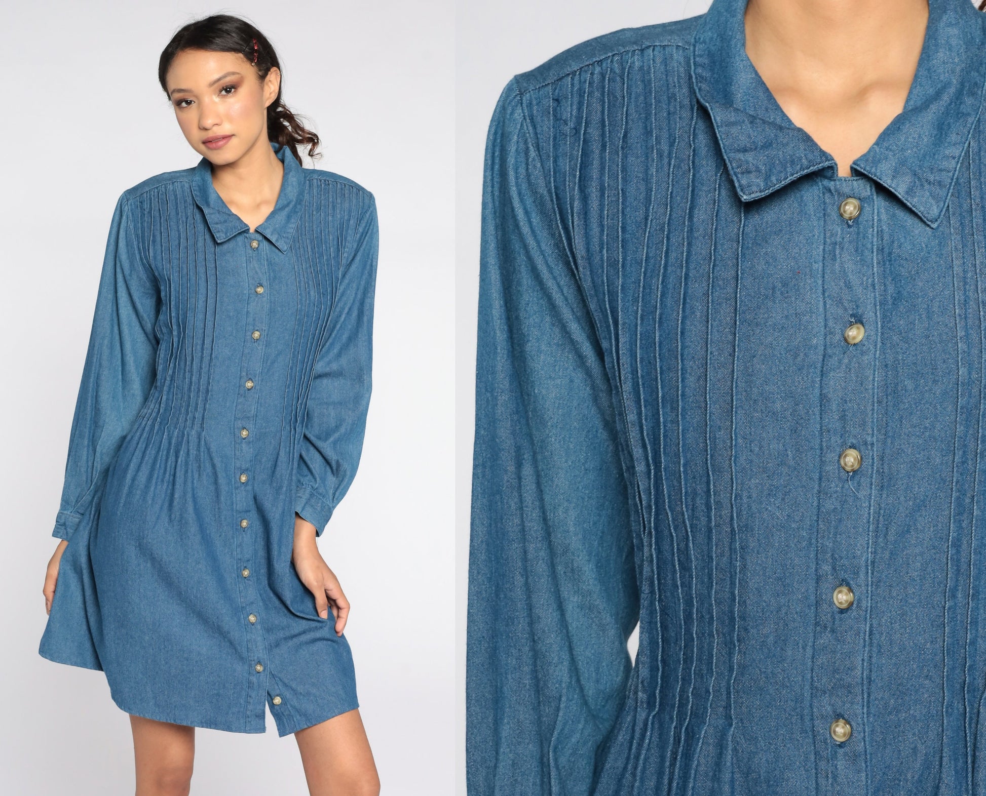 90s Blue Denim Mini Dress High Waisted Button Up Long Sleeve Extra Large XXL