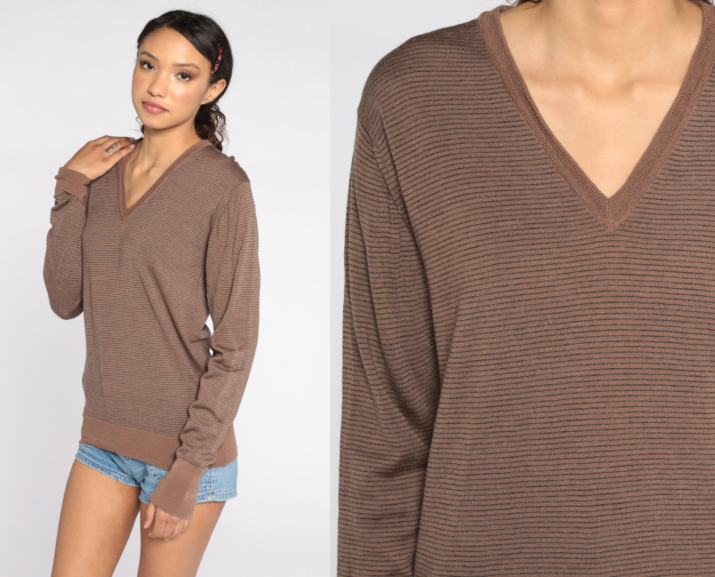 80s Brown Striped Wool V-Neck Sweater Pullover Medium