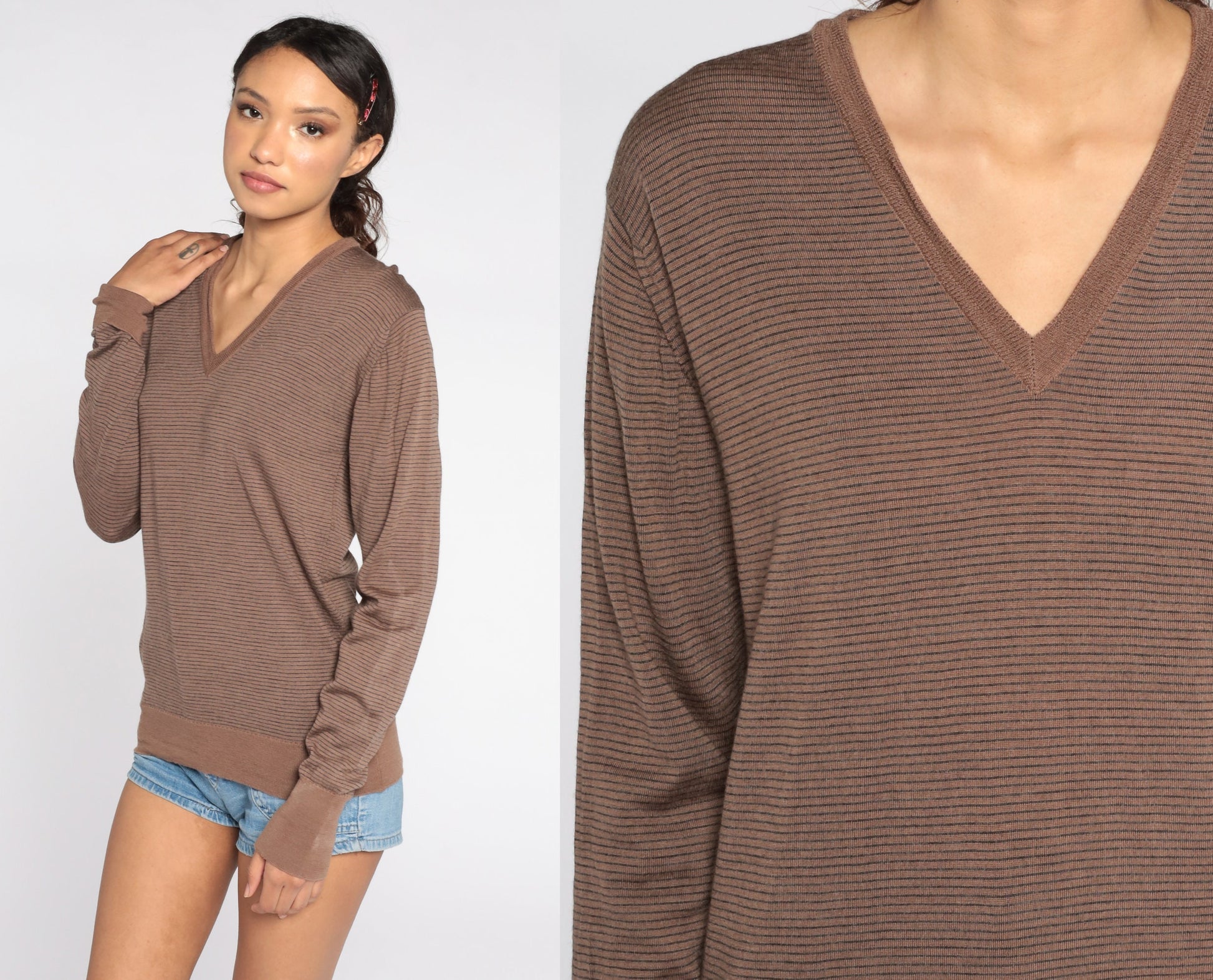 80s Brown Striped Wool V-Neck Sweater Pullover Medium