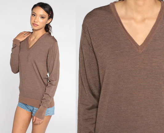 80s Brown Striped Wool V-Neck Sweater Pullover Medium