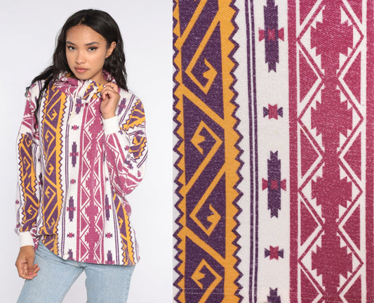90s Southwestern Mock Neck Drawstring Shirt Aztec Print White Pink Purple Medium
