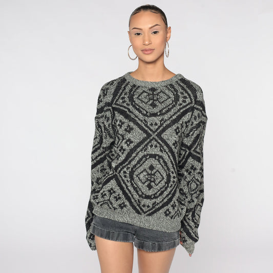 80s Geometric Knit Sweater Grey Jacquard Pullover Men's Medium