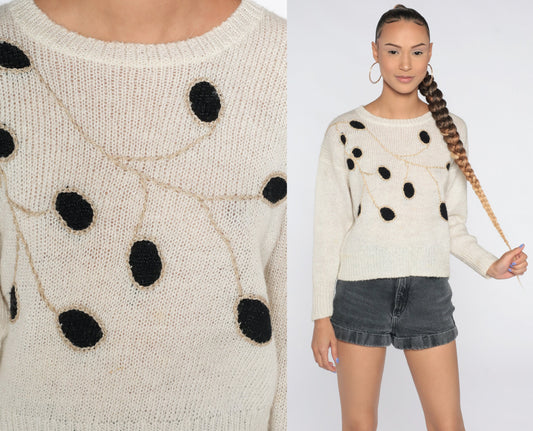 80s White Leaf Knit Sweater Graphic Pullover Crewneck Medium