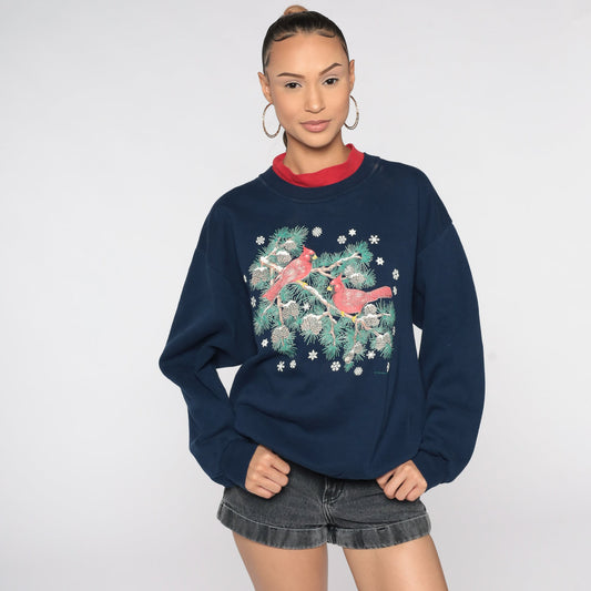 80s Cardinal Bird Graphic Sweatshirt Dark Blue Winter Pullover Large L