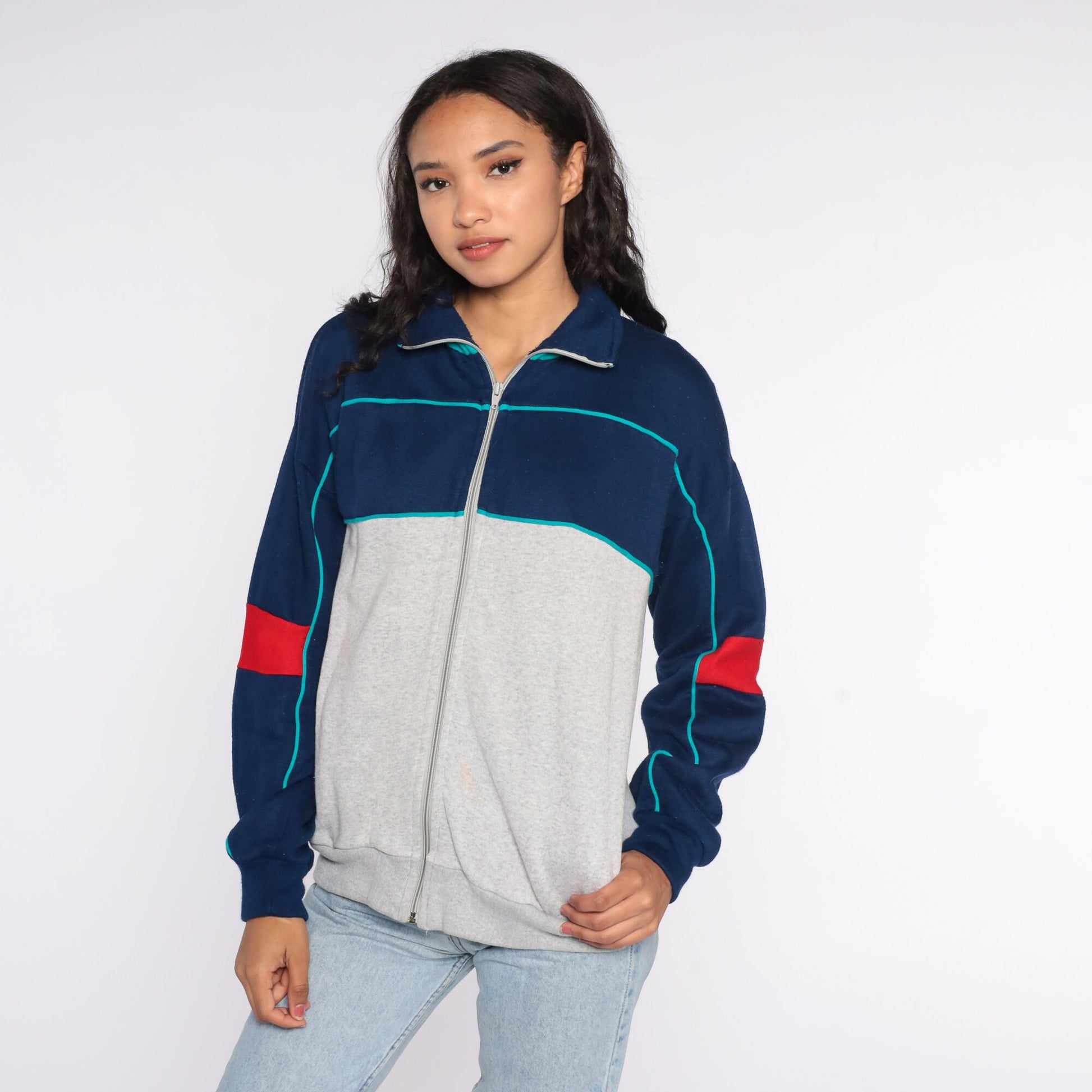 80s Track Jacket Blue Grey Zip Up Sweatshirt Medium