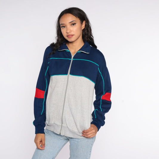 80s Track Jacket Blue Grey Zip Up Sweatshirt Medium