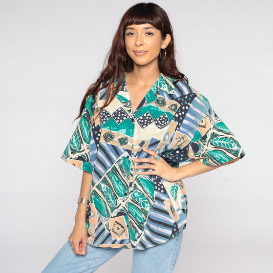80s Geometric Tropical Button Up Blouse Plus Size Green Blue Short Sleeve Extra Extra Large XXL