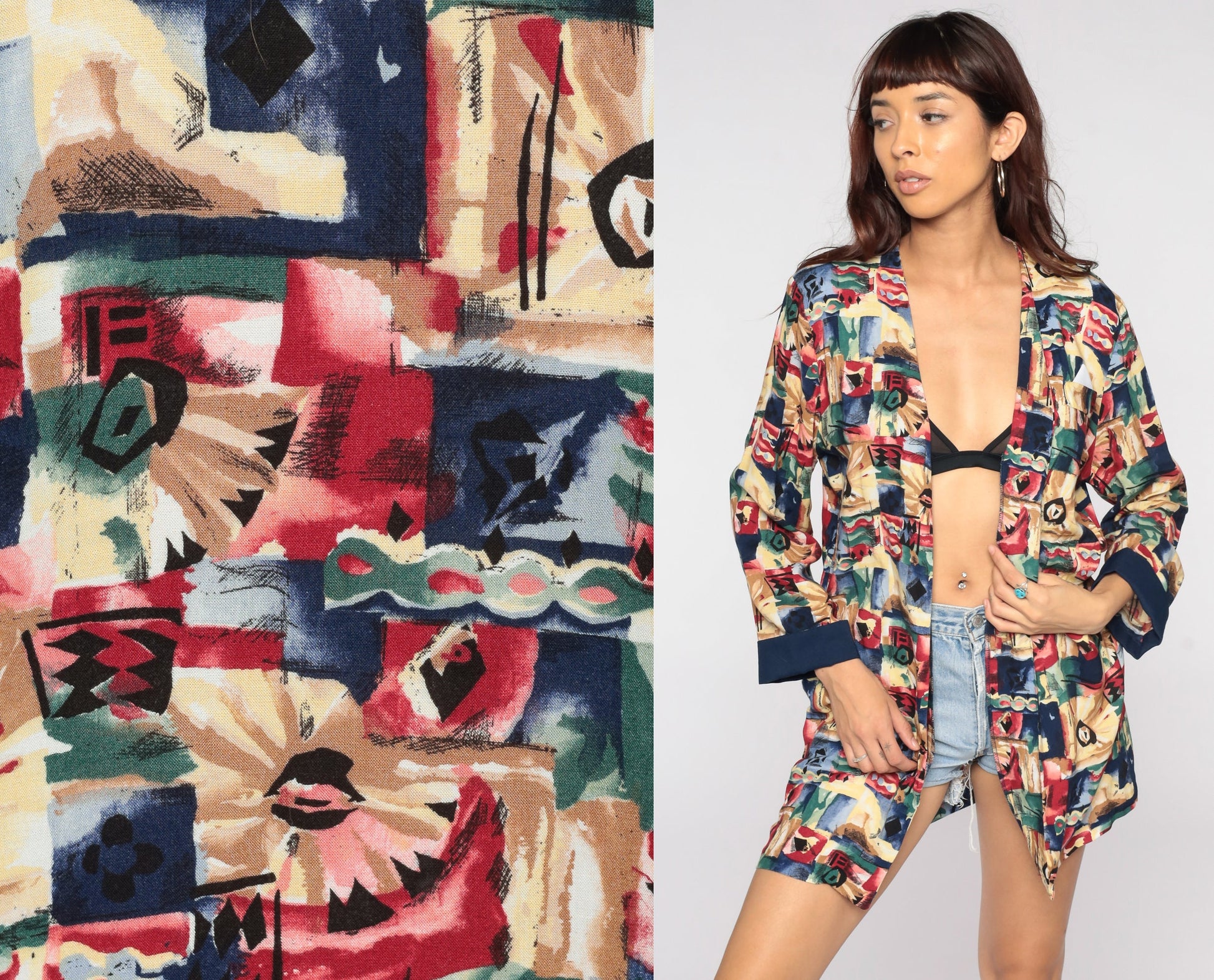 90s Floral Print Open Front Blazer Jacket Rayon Medium Large