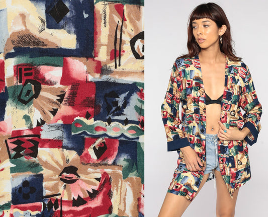 90s Floral Print Open Front Blazer Jacket Rayon Medium Large