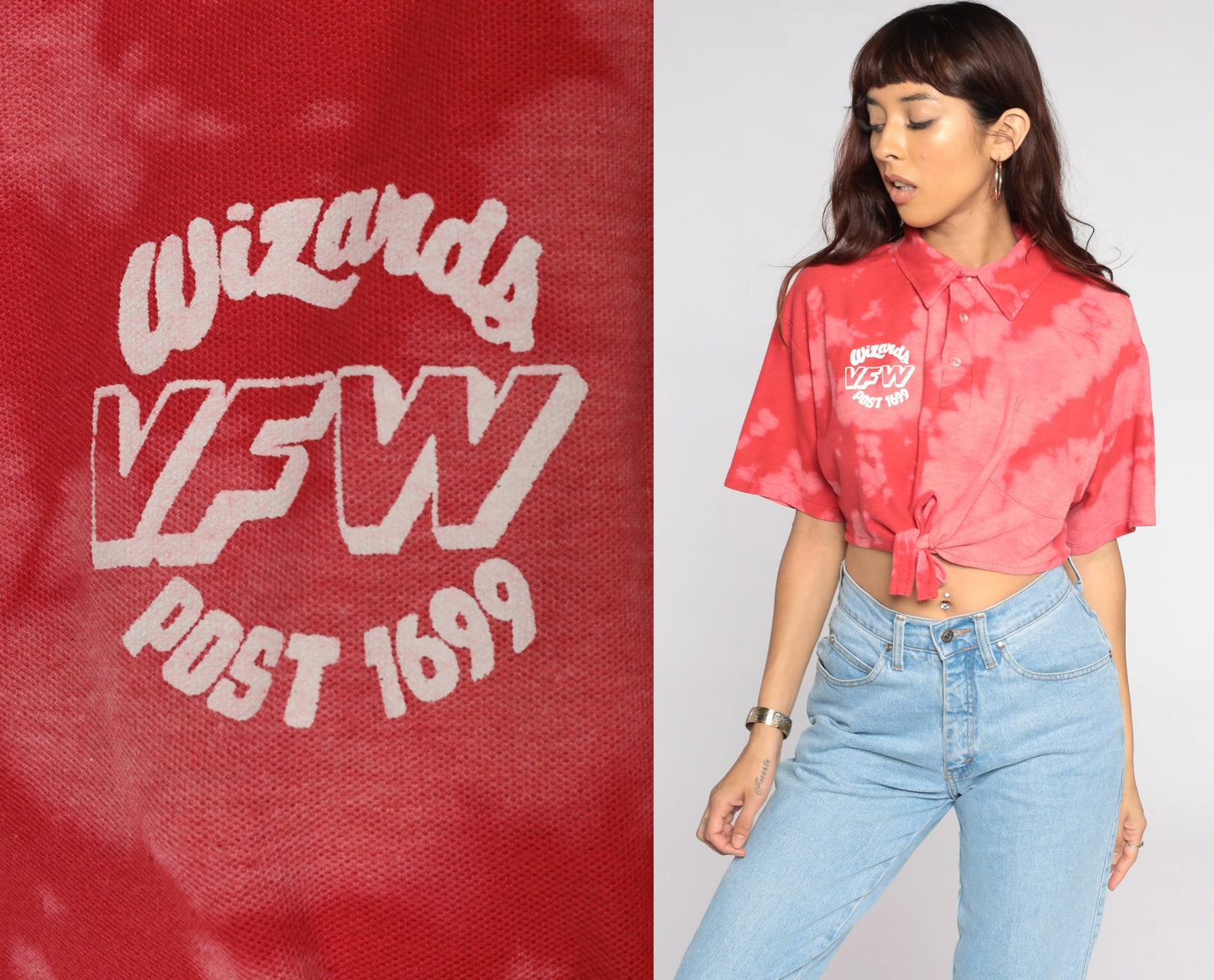 90s Wizards VFW 1699 Tie Dye Crop Top Button Up Shirt Red Extra Large