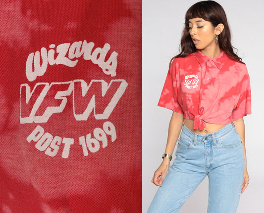 90s Wizards VFW 1699 Tie Dye Crop Top Button Up Shirt Red Extra Large